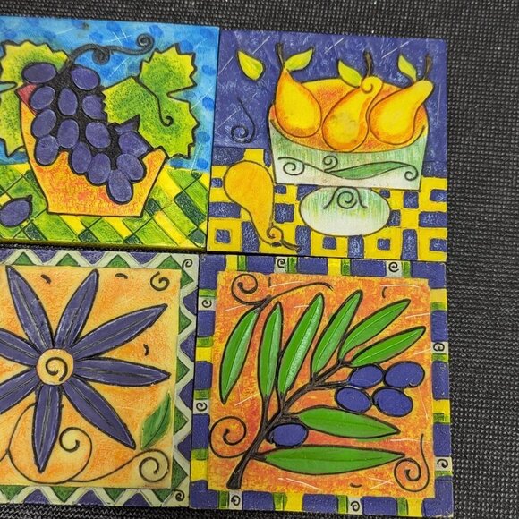 Set Of 4 Lot Colorful Coasters Sommelier Fun Under Glass Grapes Pears Olives - Picture 6 of 7